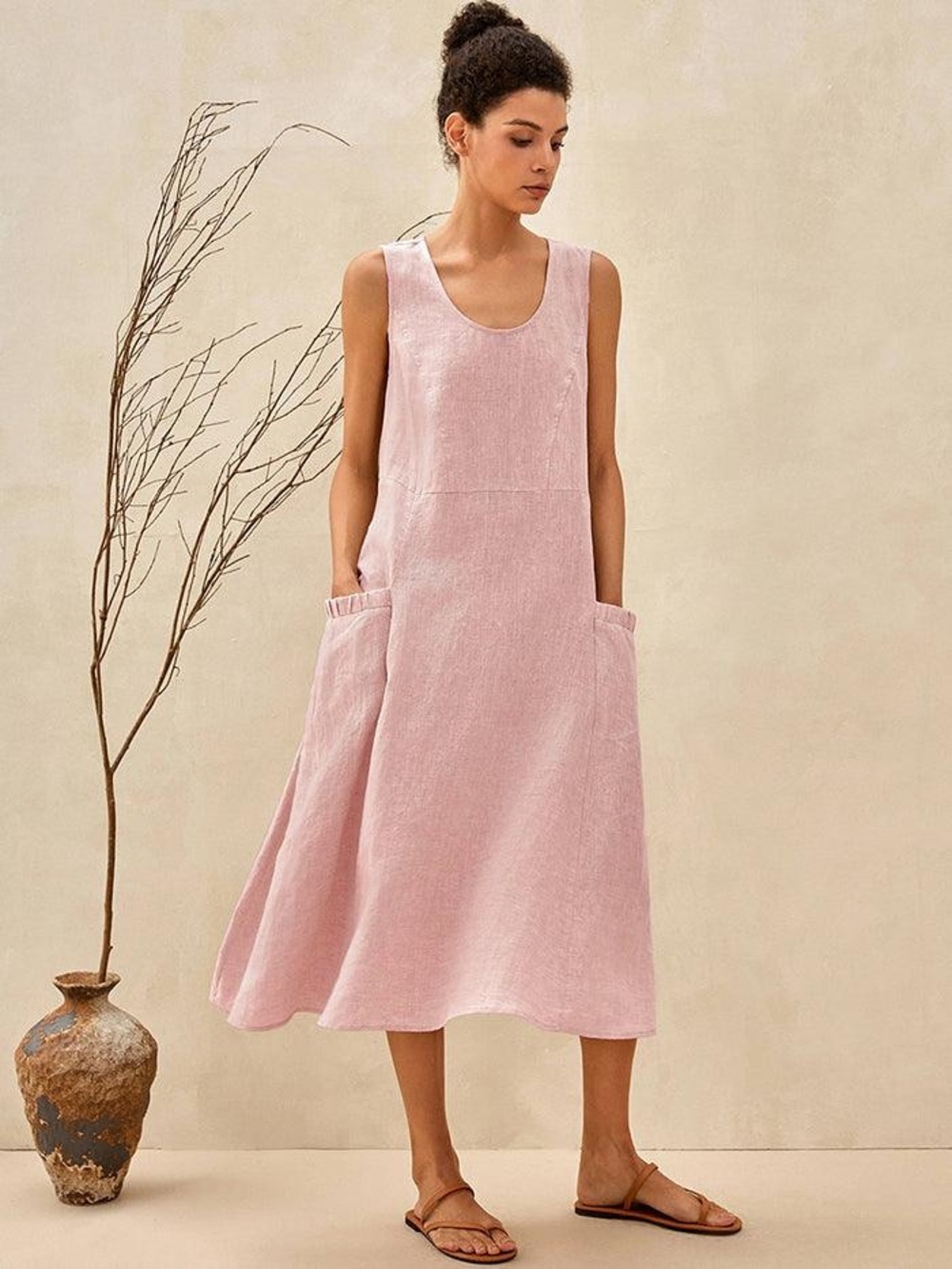 LINTICO Sleeveless Pink Linen Midi Dress with Pockets